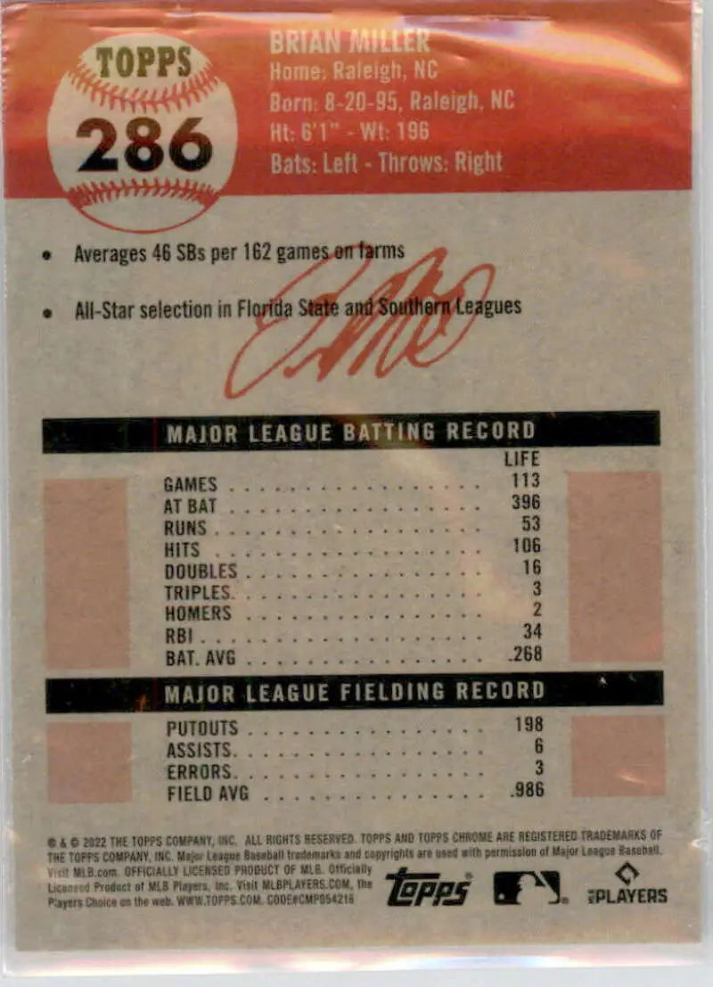 2022 Topps Chrome Platinum Anniversary #286 Brian Miller EX Excellent RC Rookie Miami Marlins Baseball Card - Baseball