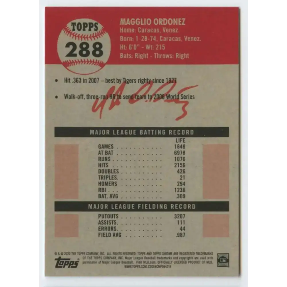 2022 Topps Chrome Platinum Anniversary #288 Magglio Ordonez NM-MT Detroit Tigers Baseball Card - Baseball Card Single