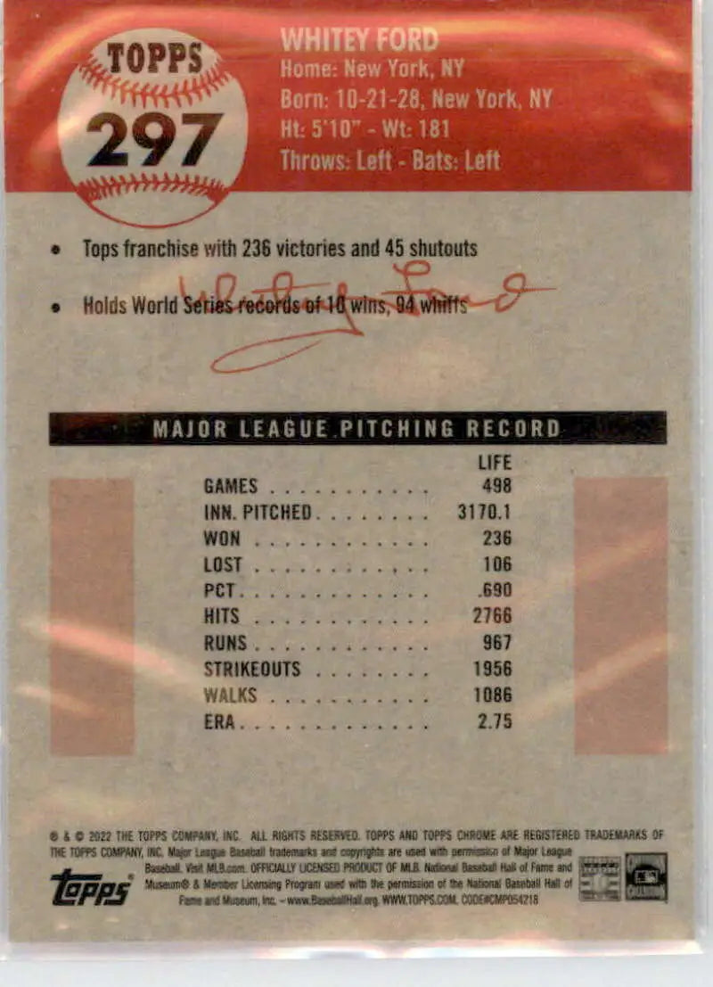 2022 Topps Chrome Platinum Anniversary #297 Whitey Ford EX Excellent New York Yankees Baseball Card - Baseball Card