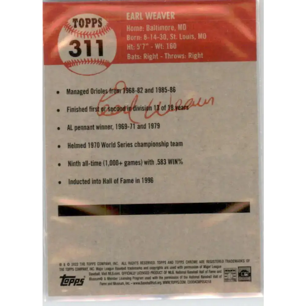 2022 Topps Chrome Platinum Anniversary #311 Earl Weaver NM-MT Baltimore Orioles Baseball Card - Baseball Card Single