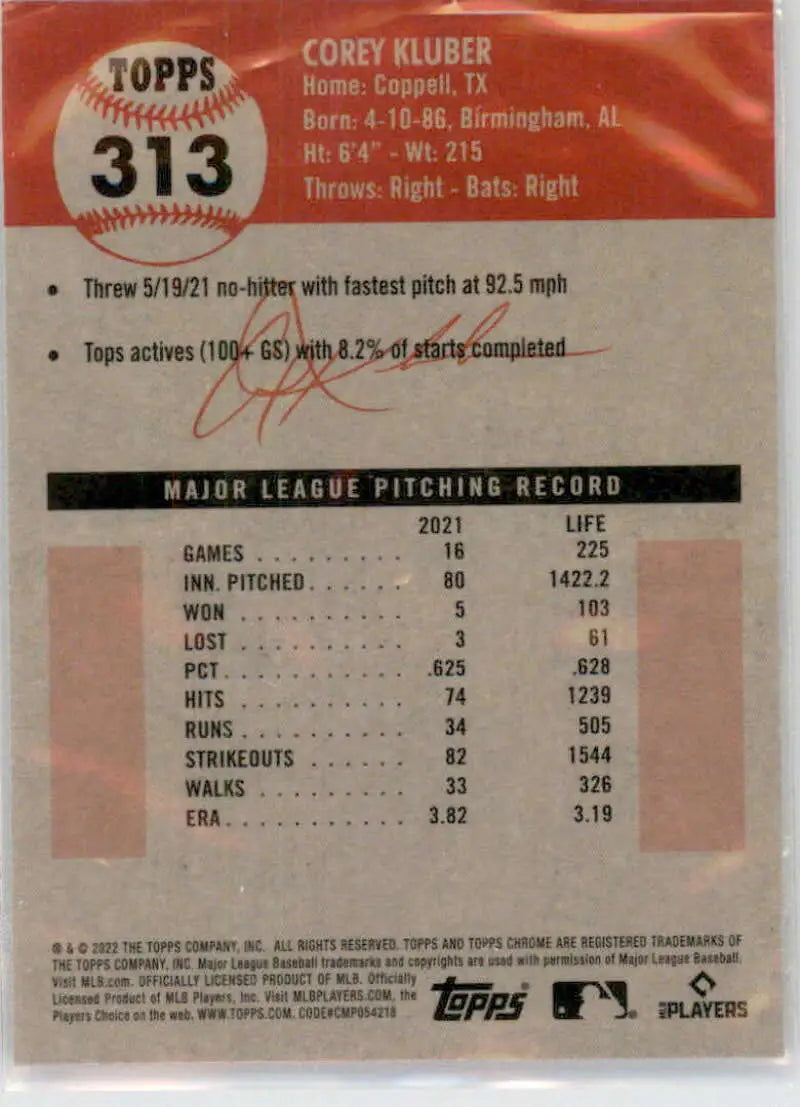 2022 Topps Chrome Platinum Anniversary #313 Corey Kluber EX Excellent Tampa Bay Rays Baseball Card - Baseball Card