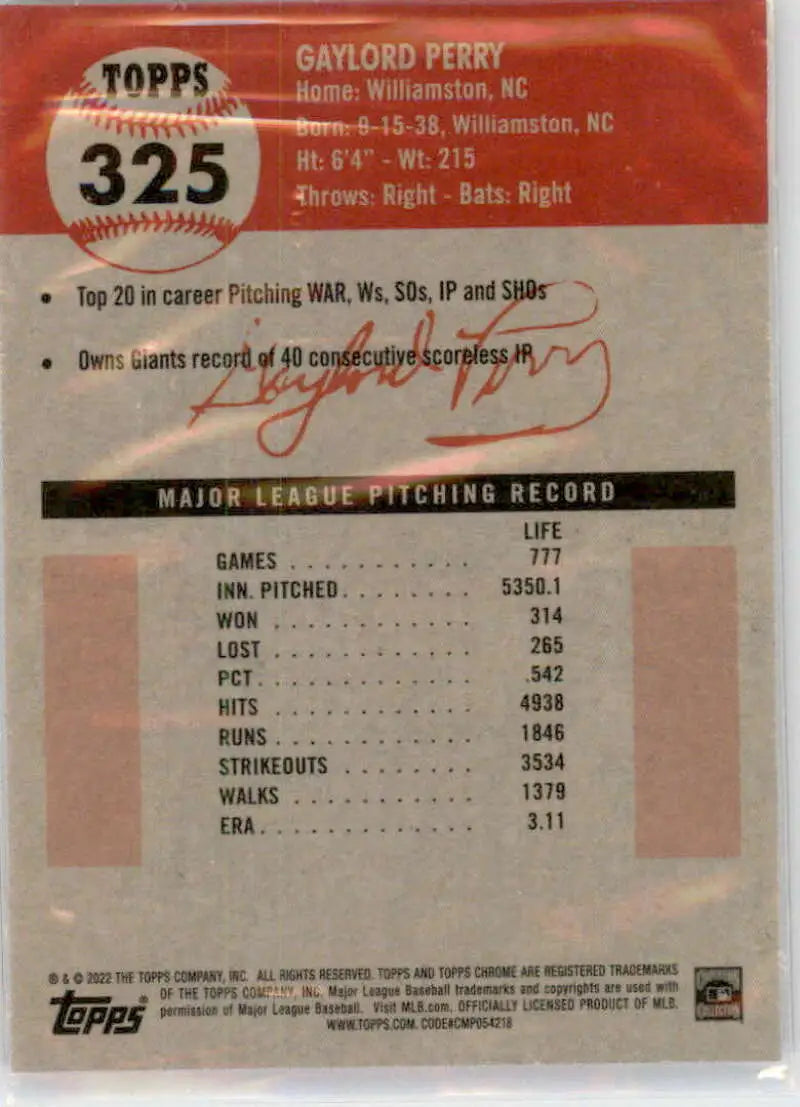 2022 Topps Chrome Platinum Anniversary #325 Gaylord Perry EX Excellent San Francisco Giants Baseball Card - Baseball