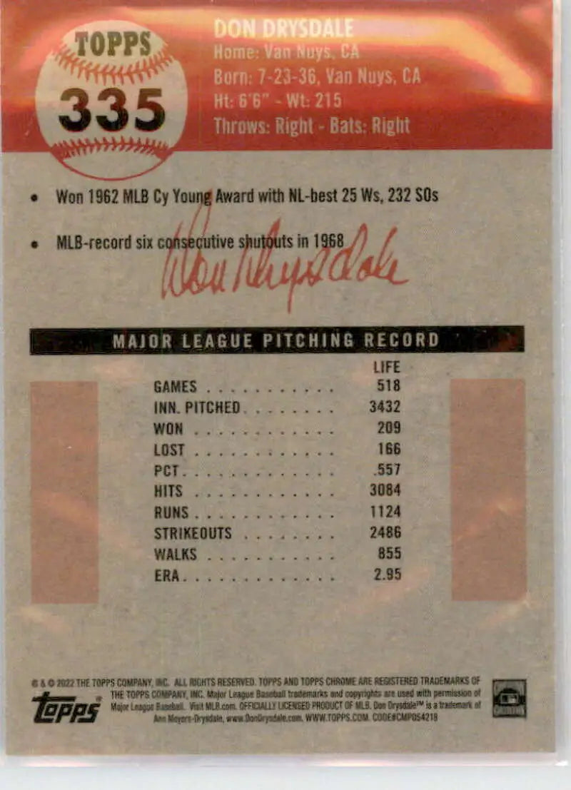 2022 Topps Chrome Platinum Anniversary #335 Don Drysdale EX Excellent Los Angeles Dodgers Baseball Card - Baseball Card