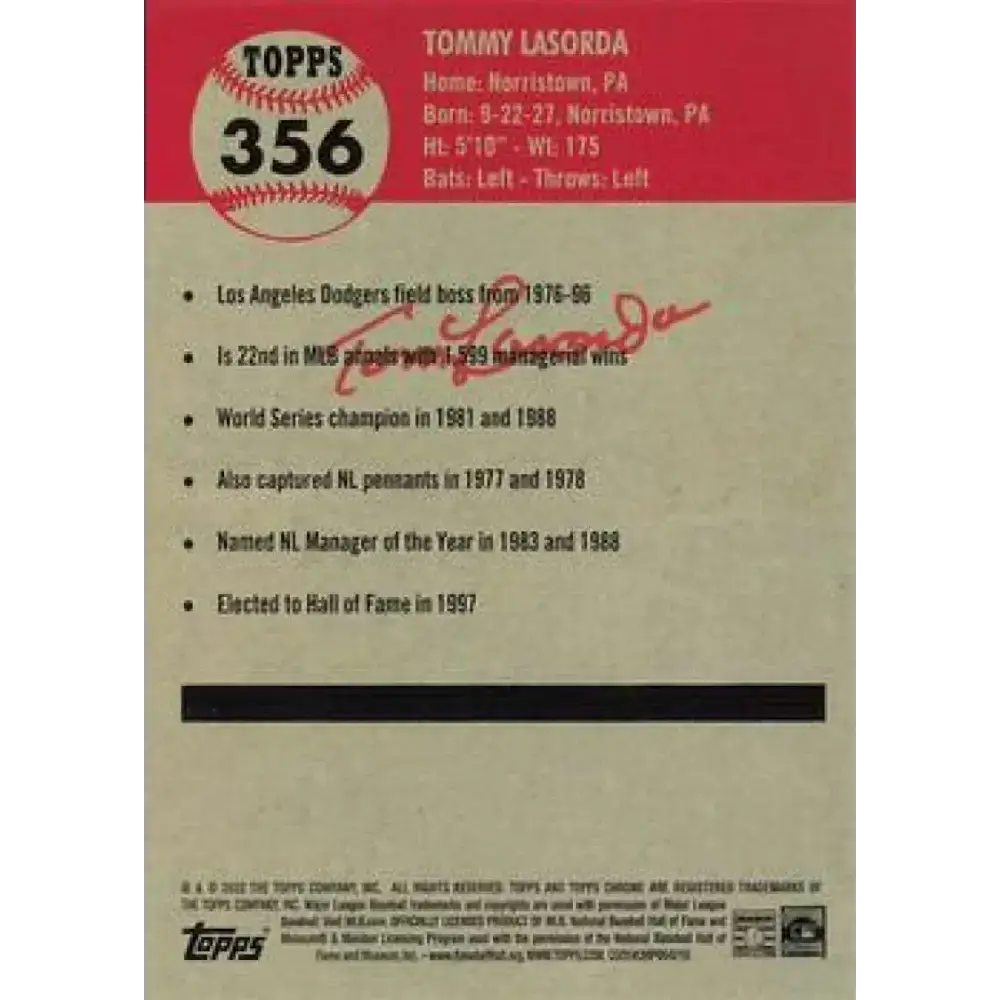 2022 Topps Chrome Platinum Anniversary #356 Tommy Lasorda NM-MT Los Angeles Dodgers Baseball Card - Baseball Card Single