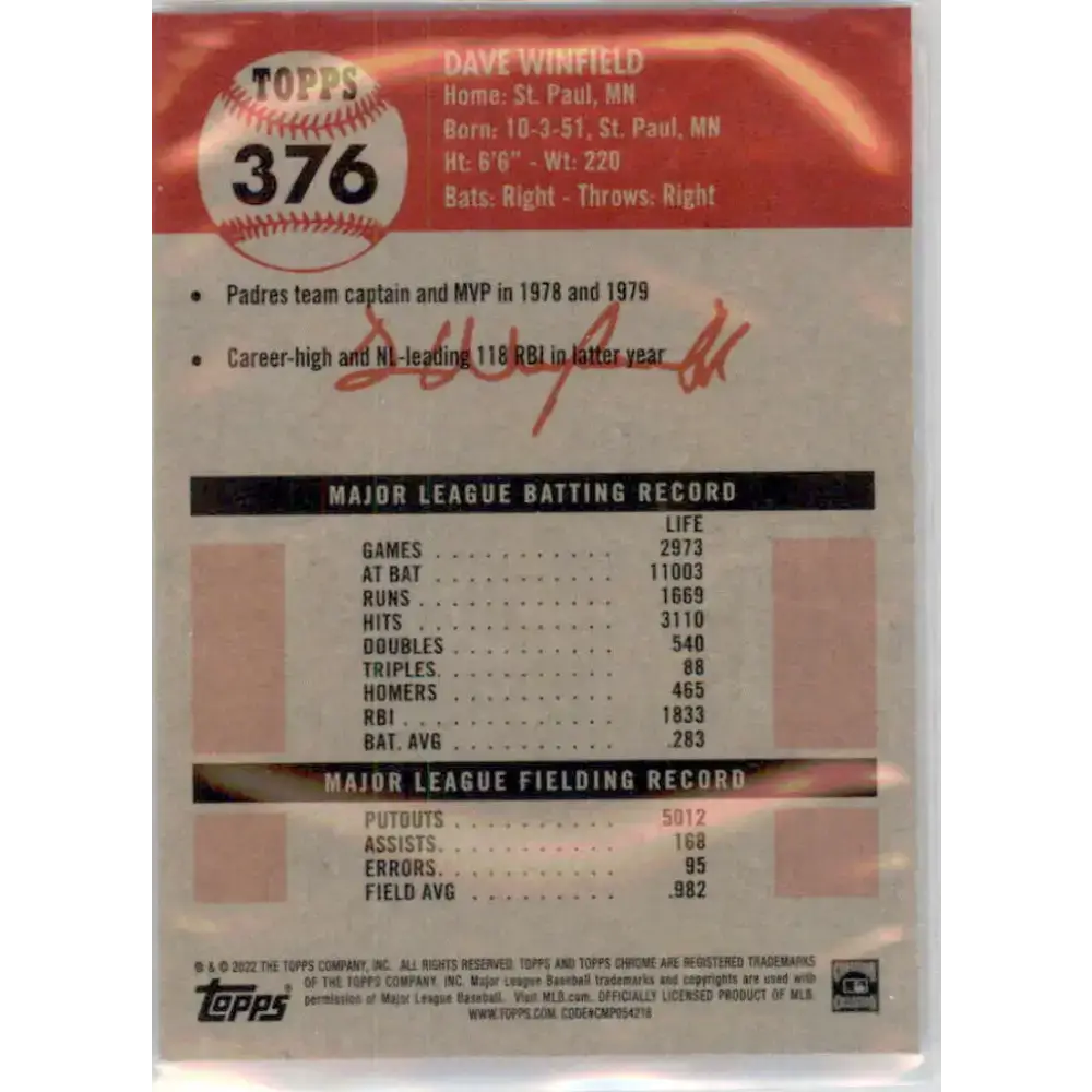 2022 Topps Chrome Platinum Anniversary #376 Dave Winfield NM-MT San Diego Padres Baseball Card - Baseball Card Single