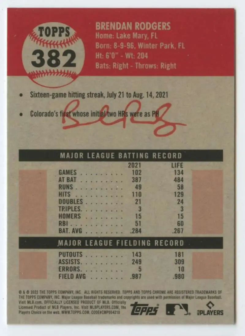 2022 Topps Chrome Platinum Anniversary #382 Brendan Rodgers EX Excellent Colorado Rockies Baseball Card - Baseball Card