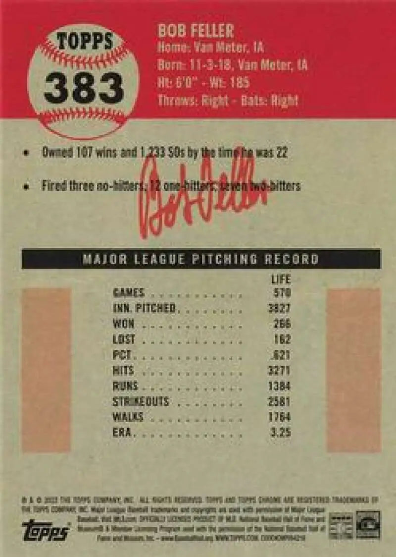 2022 Topps Chrome Platinum Anniversary #383 Bob Feller EX Excellent Cleveland Baseball Card - Baseball Card Single
