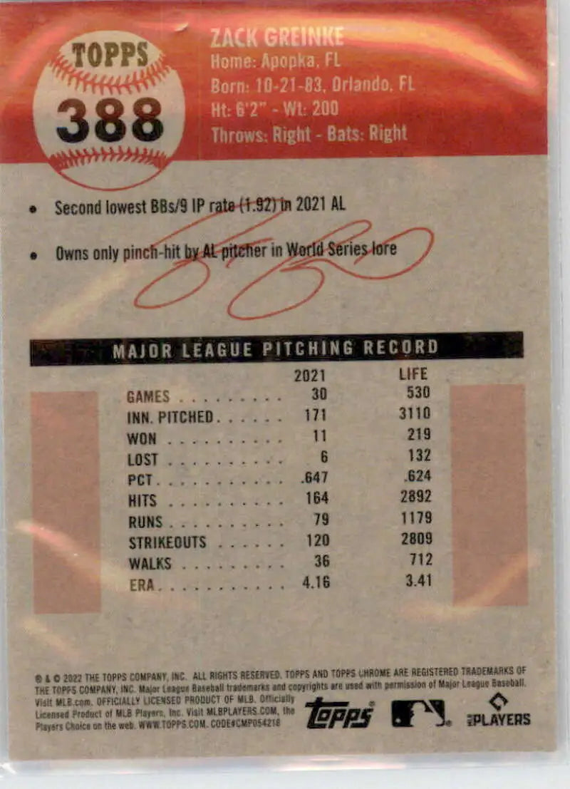 2022 Topps Chrome Platinum Anniversary #388 Zack Greinke EX Excellent Kansas City Royals Baseball Card - Baseball Card