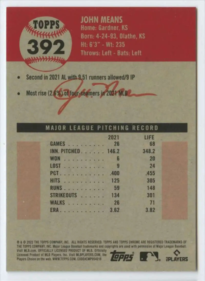 2022 Topps Chrome Platinum Anniversary #392 John Means EX Excellent Baltimore Orioles Baseball Card - Baseball Card