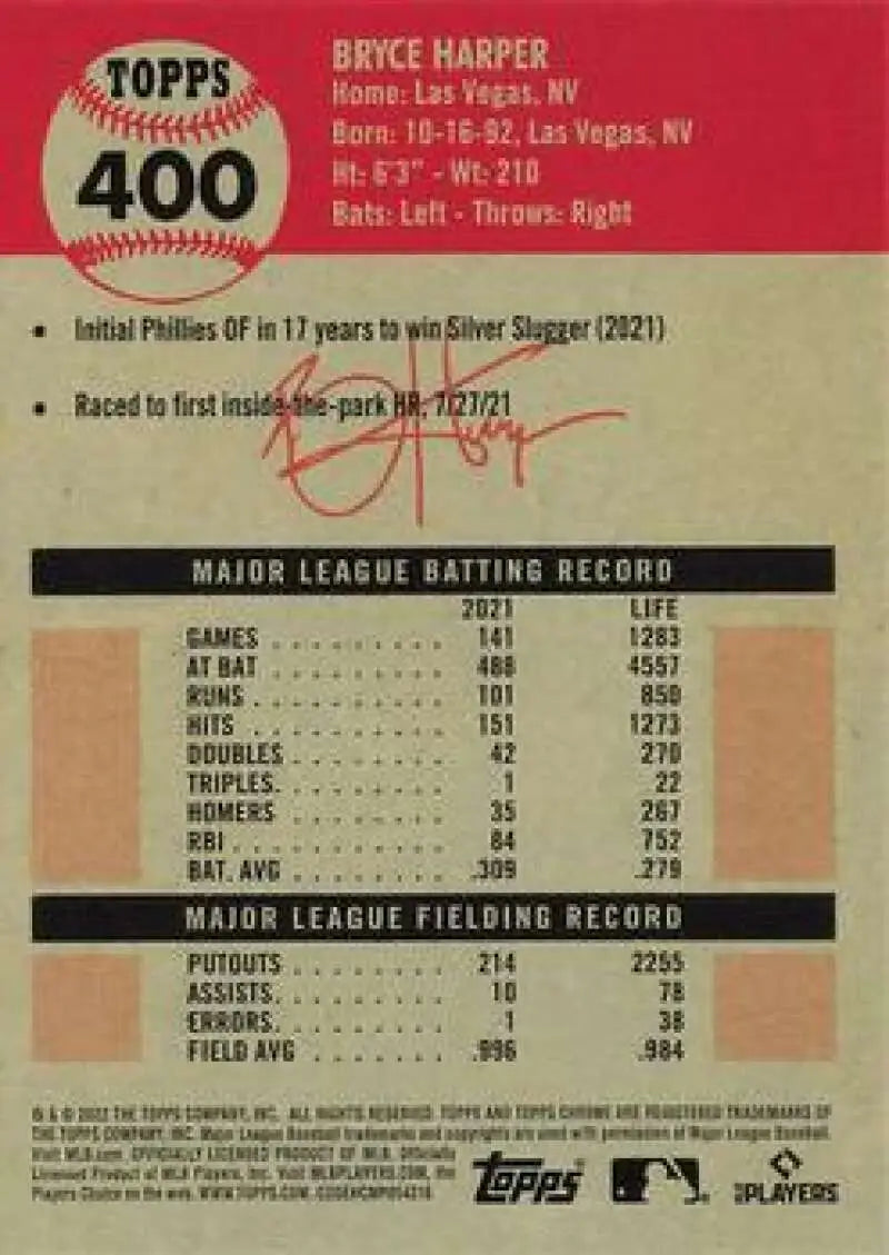 2022 Topps Chrome Platinum Anniversary #400 Bryce Harper EX Excellent Philadelphia Phillies Baseball Card - Baseball