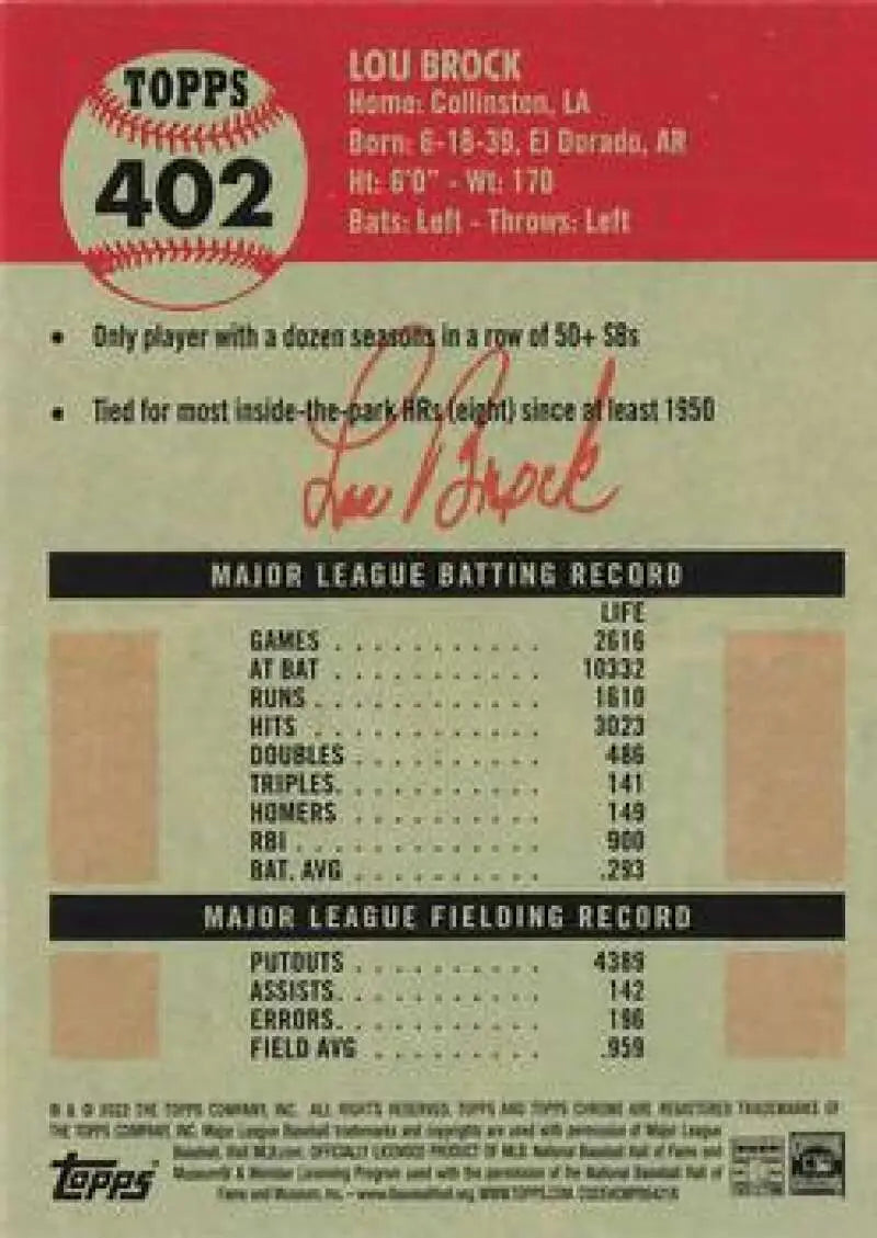 2022 Topps Chrome Platinum Anniversary #402 Lou Brock EX Excellent St. Louis Cardinals Baseball Card - Baseball Card
