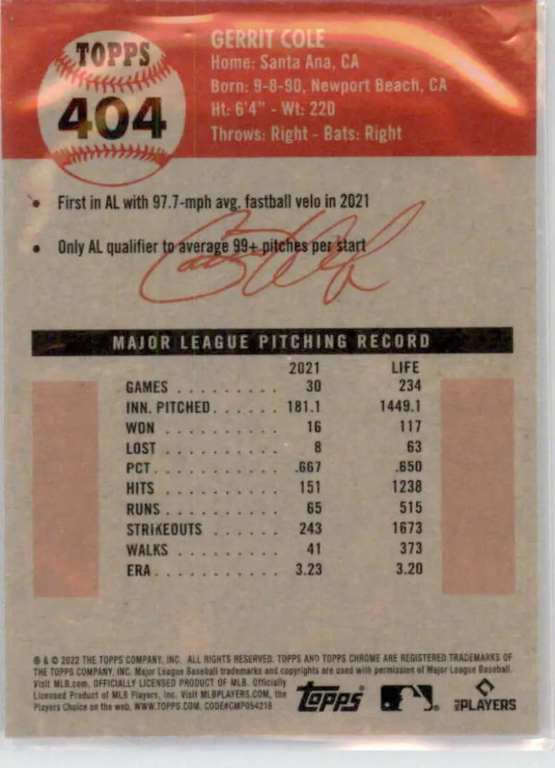 2022 Topps Chrome Platinum Anniversary #404 Gerrit Cole EX Excellent New York Yankees Baseball Card - Baseball Card