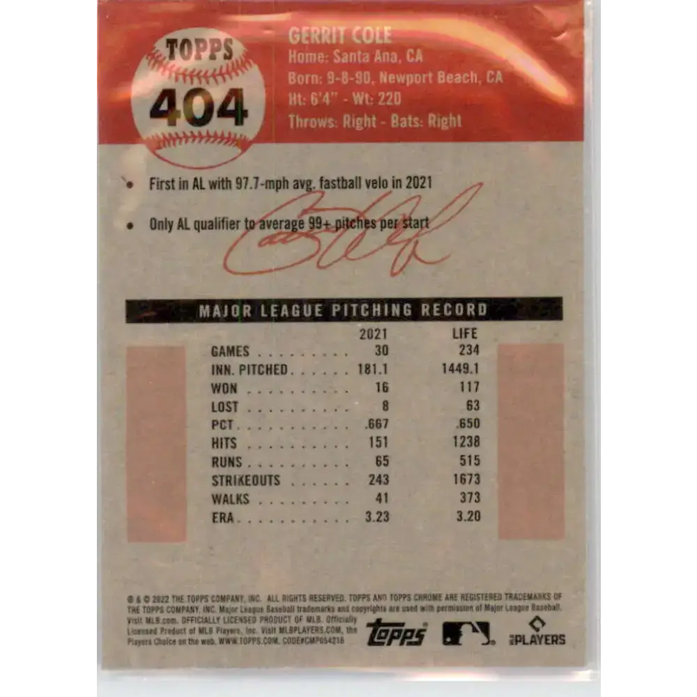 2022 Topps Chrome Platinum Anniversary #404 Gerrit Cole NM-MT New York Yankees Baseball Card - Baseball Card Single