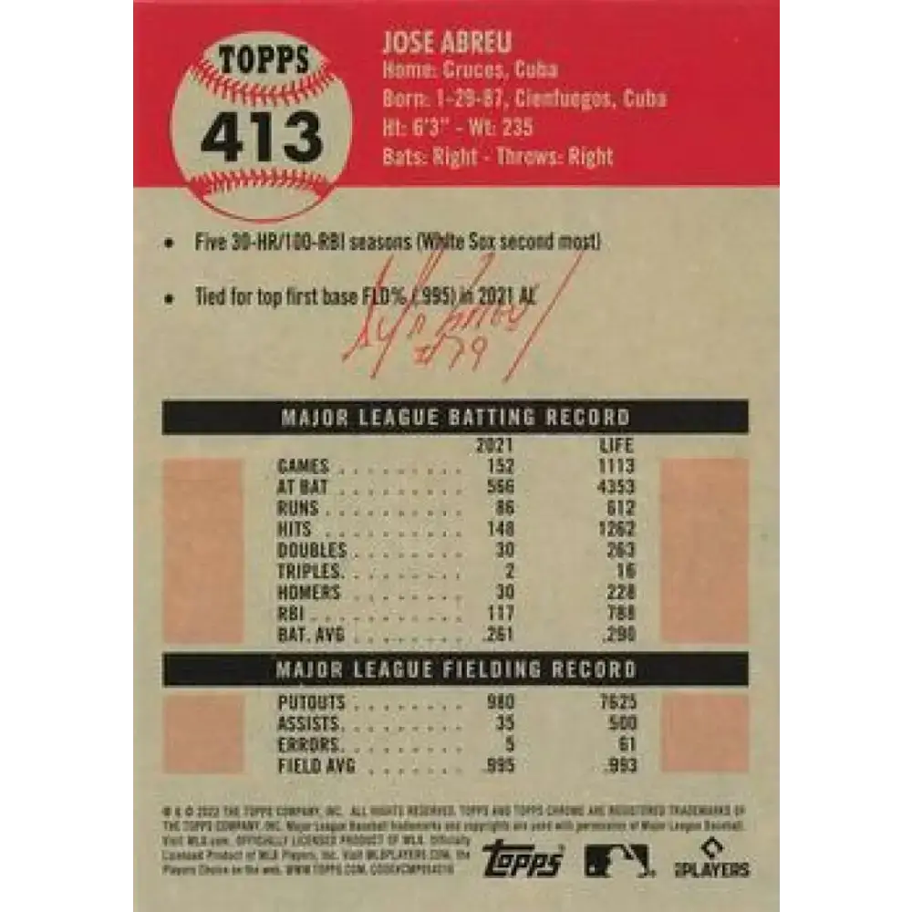 2022 Topps Chrome Platinum Anniversary #413 Jose Abreu NM-MT Chicago White Sox Baseball Card - Baseball Card Single
