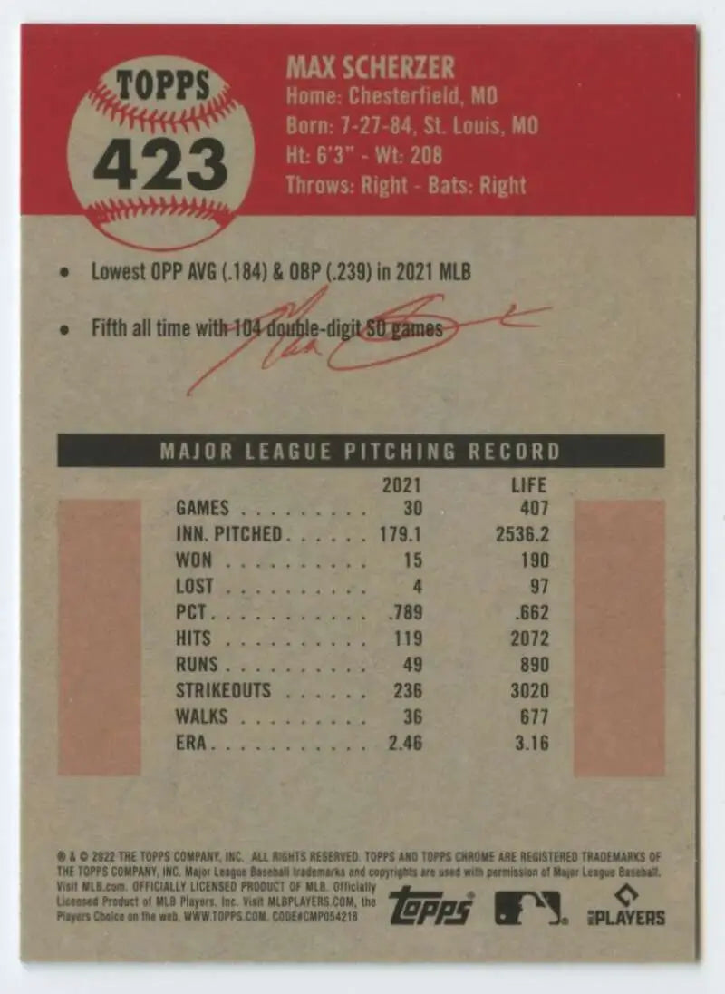 2022 Topps Chrome Platinum Anniversary #423 Max Scherzer EX Excellent New York Mets Baseball Card - Baseball Card Single