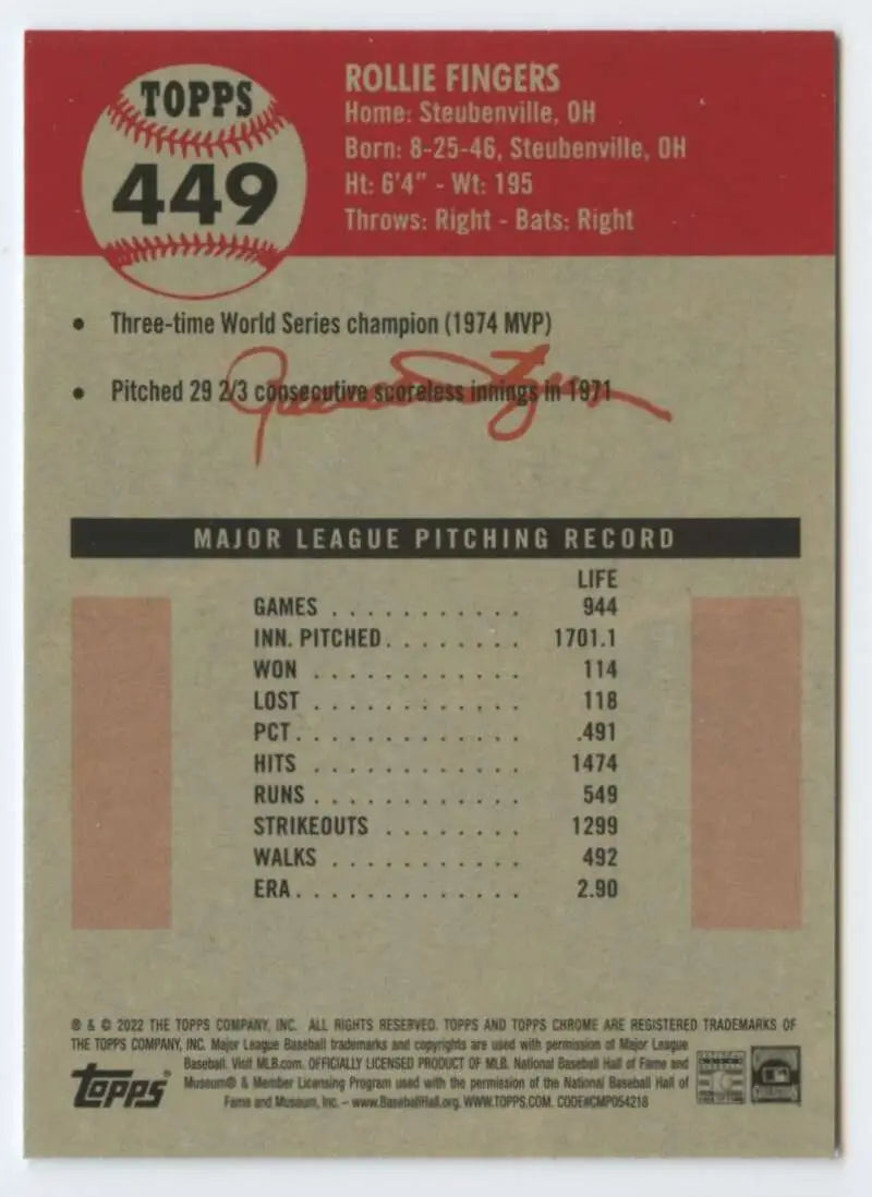 2022 Topps Chrome Platinum Anniversary #449 Rollie Fingers EX Excellent Oakland Athletics Baseball Card - Baseball Card