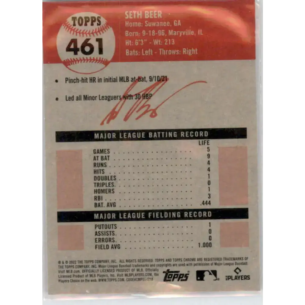 2022 Topps Chrome Platinum Anniversary #461 Seth Beer NM-MT RC Rookie Arizona Diamondbacks Baseball Card - Baseball