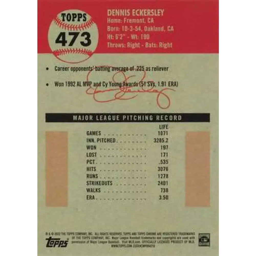2022 Topps Chrome Platinum Anniversary #473 Dennis Eckersley NM-MT Oakland Athletics Baseball Card - Baseball Card