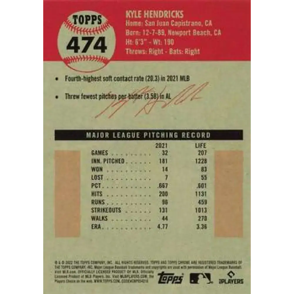 2022 Topps Chrome Platinum Anniversary #474 Kyle Hendricks NM-MT Chicago Cubs Baseball Card - Baseball Card Single