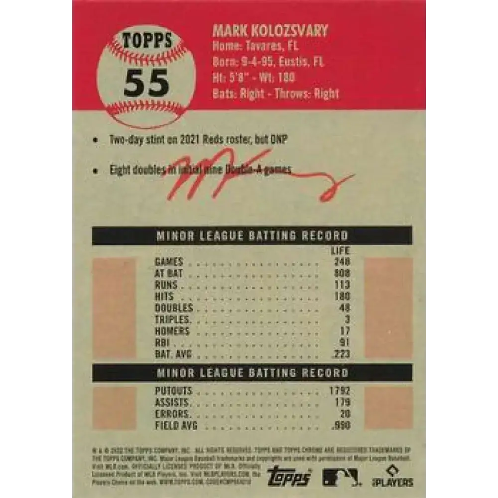 2022 Topps Chrome Platinum Anniversary #55 Mark Kolozsvary NM-MT RC Rookie Cincinnati Reds Baseball Card - Baseball