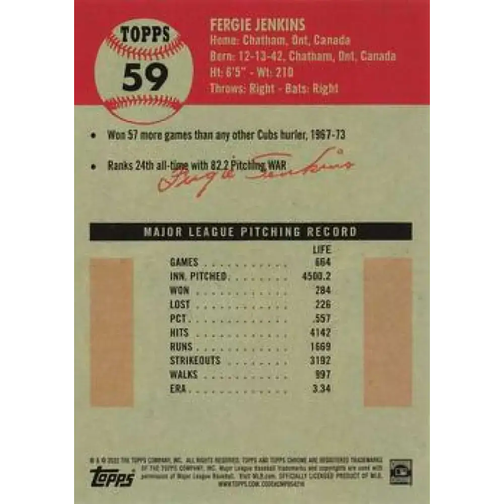 2022 Topps Chrome Platinum Anniversary #59 Fergie Jenkins NM-MT Chicago Cubs Baseball Card - Baseball Card Single