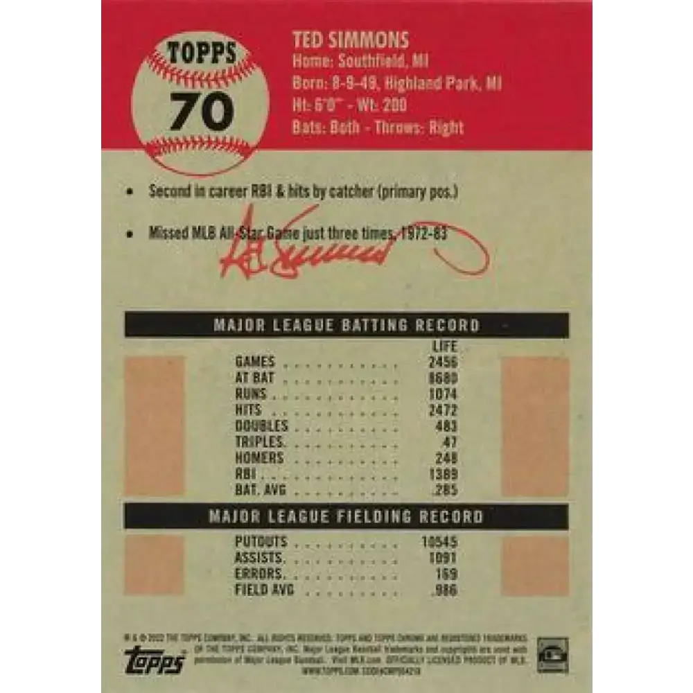2022 Topps Chrome Platinum Anniversary #70 Ted Simmons NM-MT St. Louis Cardinals Baseball Card - Baseball Card Single