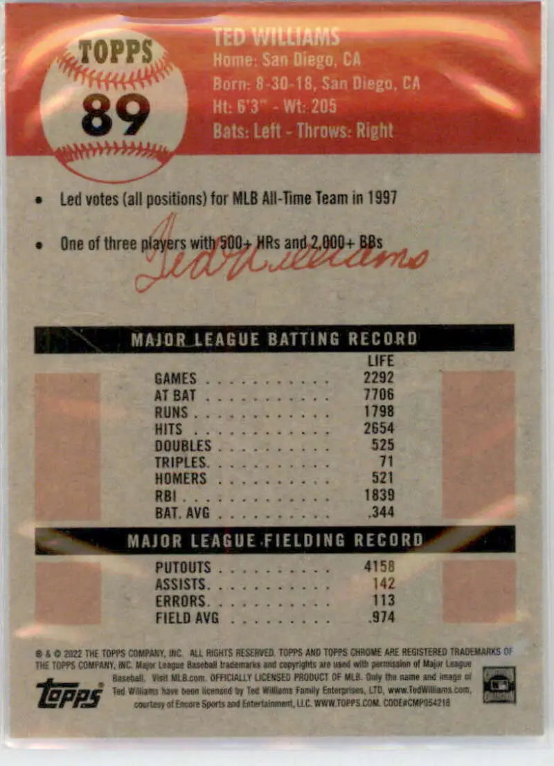2022 Topps Chrome Platinum Anniversary #89 Ted Williams EX Excellent Boston Red Sox Baseball Card - Baseball Card Single