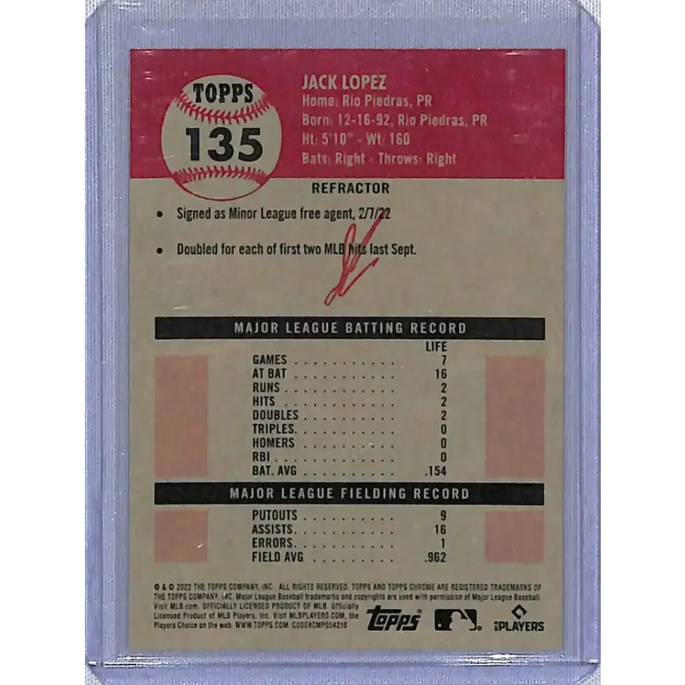 2022 Topps Chrome Platinum Anniversary Refractor #135 Jack Lopez NM-MT RC Rookie Detroit Tigers Baseball Card