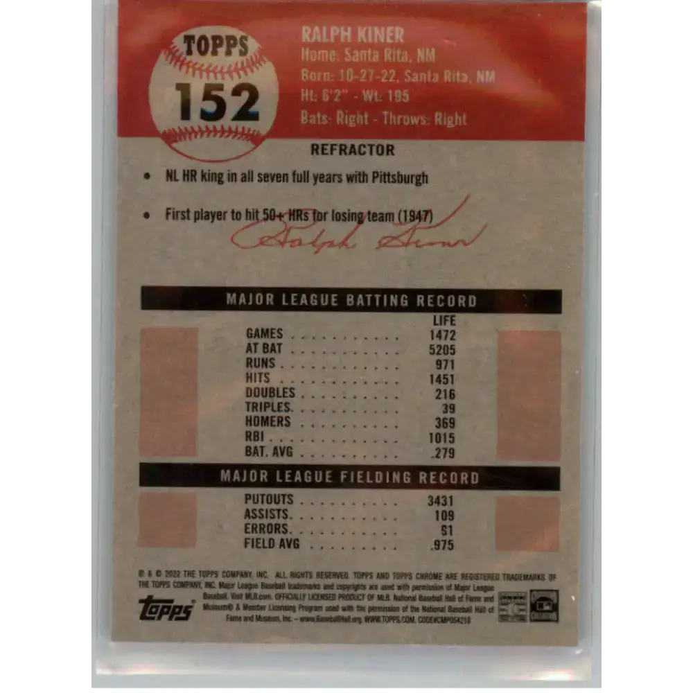 2022 Topps Chrome Platinum Anniversary Refractor #152 Ralph Kiner NM-MT Pittsburgh Pirates Baseball Card - Baseball