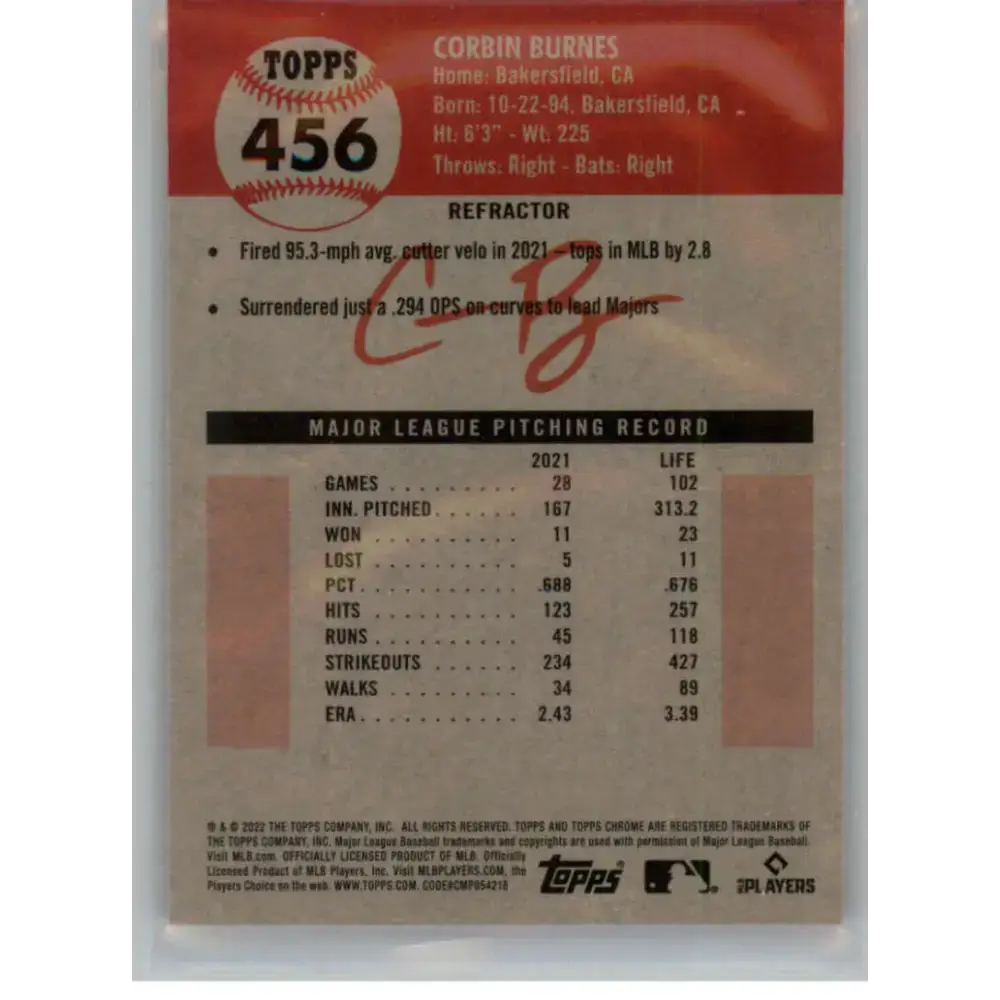 2022 Topps Chrome Platinum Anniversary Refractor #456 Corbin Burnes NM-MT Milwaukee Brewers Baseball Card - Baseball