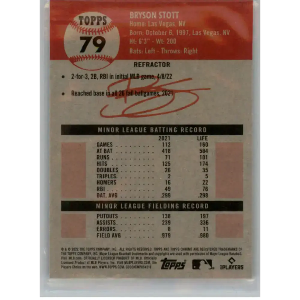 2022 Topps Chrome Platinum Anniversary Refractor #79 Bryson Stott NM-MT RC Rookie Philadelphia Phillies Baseball Card