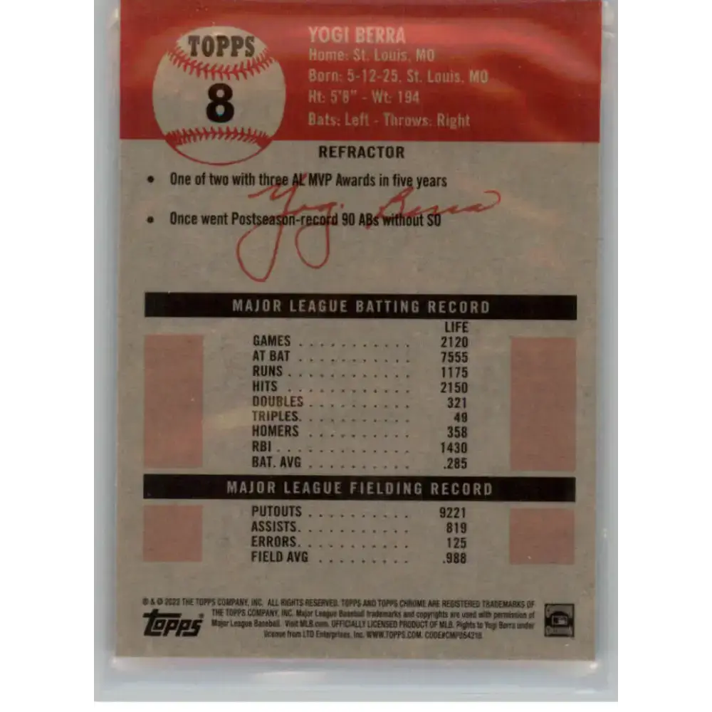 2022 Topps Chrome Platinum Anniversary Refractor #8 Yogi Berra NM-MT New York Yankees Baseball Card - Baseball Card