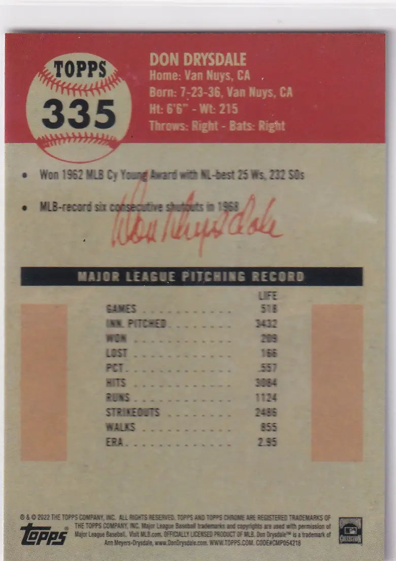 2022 TOPPS CHROME PLATNIUM #335 DON DRYSDALE- LOS ANGELES DODGERS - Baseball Card Single