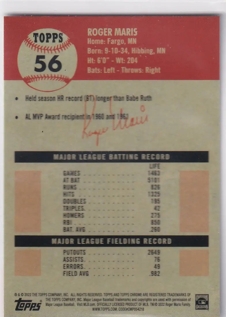 2022 TOPPS CHROME PLATNIUM #56 ROGER MARIS- NEW YORK YANKEES - Baseball Card Single