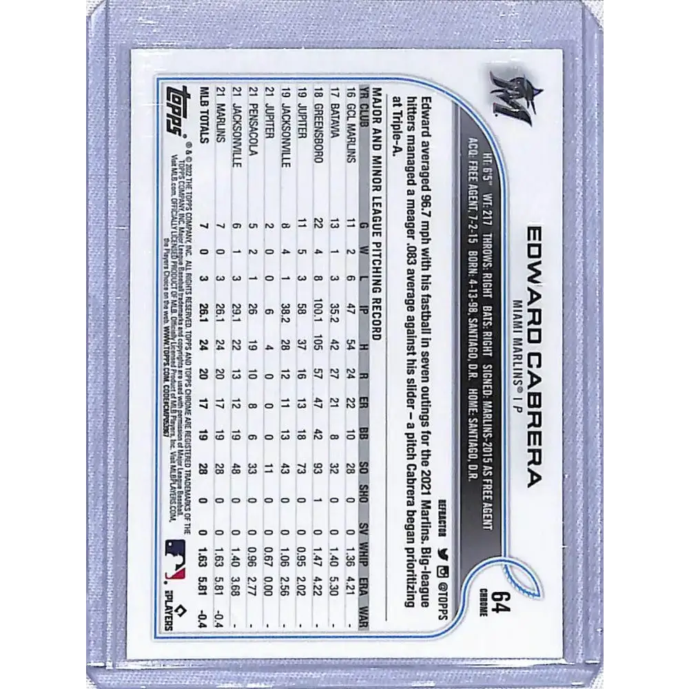 2022 Topps Chrome Refractor #64 Edward Cabrera NM-MT Miami Marlins - Baseball Card Single