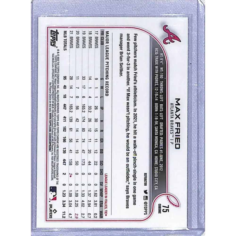 2022 Topps Chrome Refractor #75 Max Fried NM-MT Atlanta Braves - Baseball Card Single