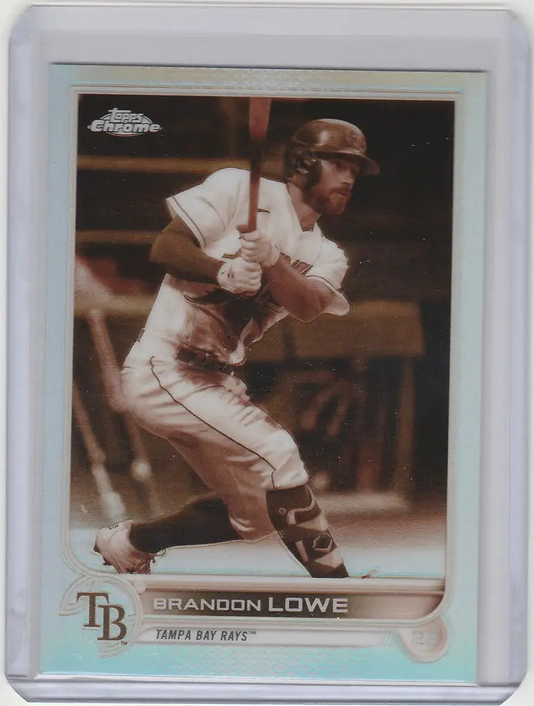 Baseball trading card of Brandon Lowe in batting stance, Topps Chrome Sepia, Tampa Bay Rays