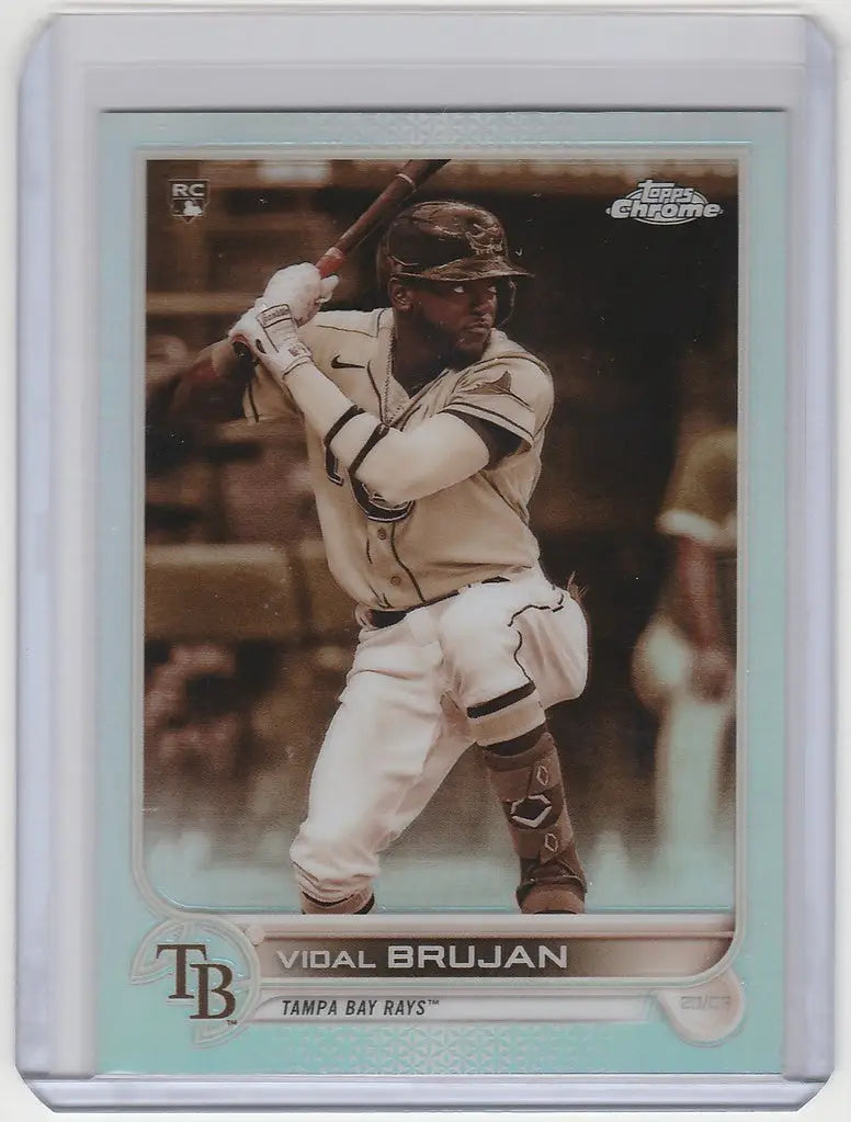 Baseball trading card of Vidal Brujan at bat for Tampa Bay Rays in Topps Chrome Sepia