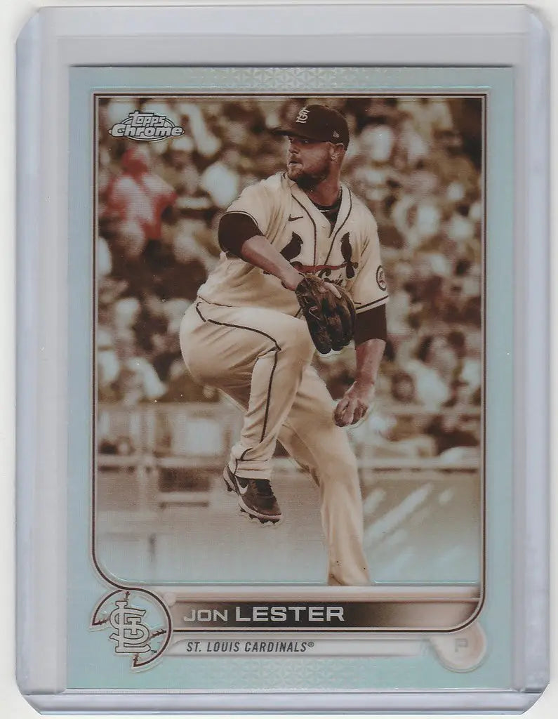 Baseball card of Jon Lester in mid-throw wearing St. Louis Cardinals uniform, Topps Chrome Sepia