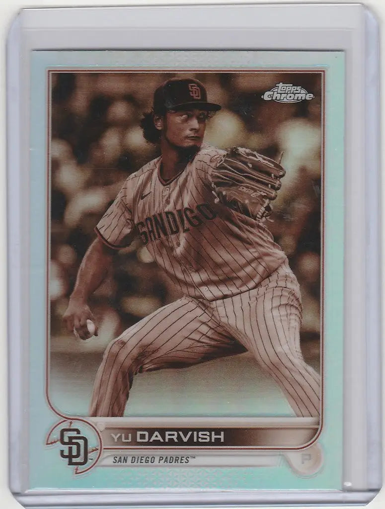 Baseball card of Yu Darvish in mid-throw, showcasing Topps Chrome Sepia and San Diego Padres
