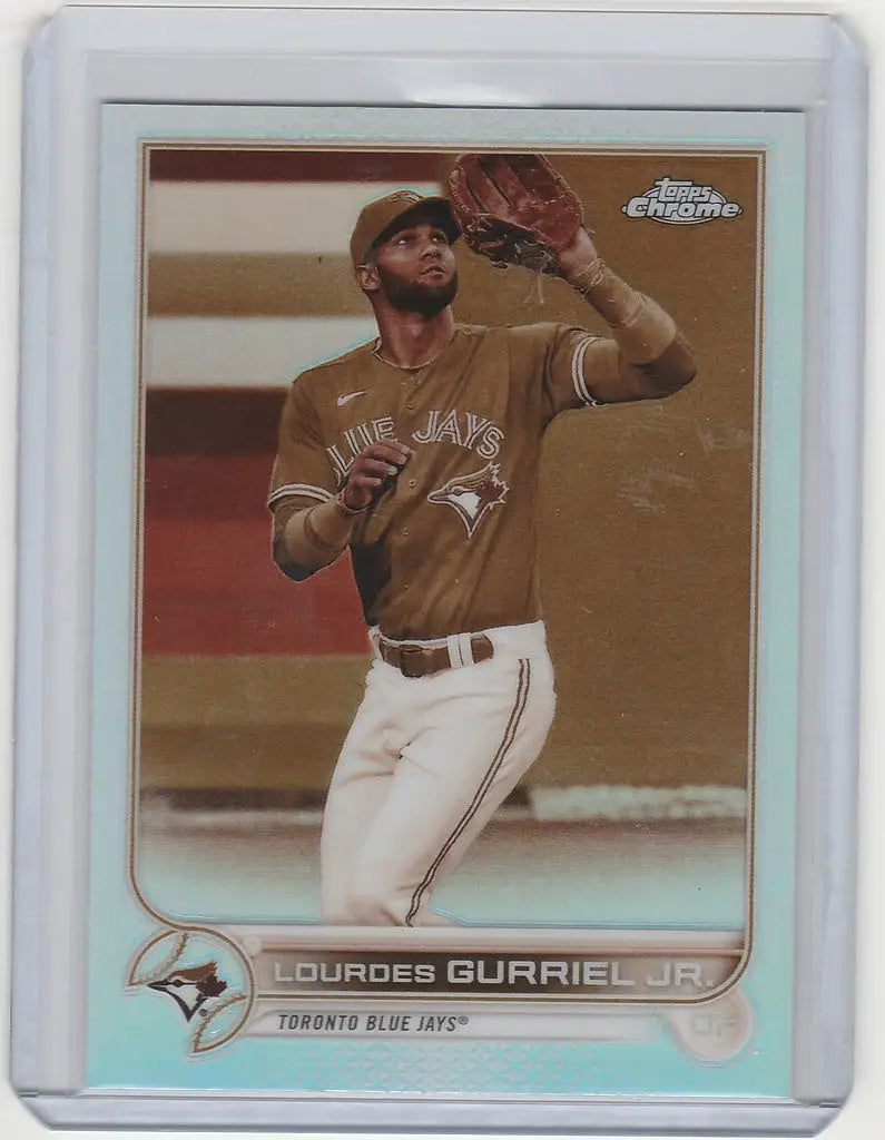 Baseball card of Lourdes Gurriel Jr. catching a ball for Toronto Blue Jays Topps Chrome Sepia