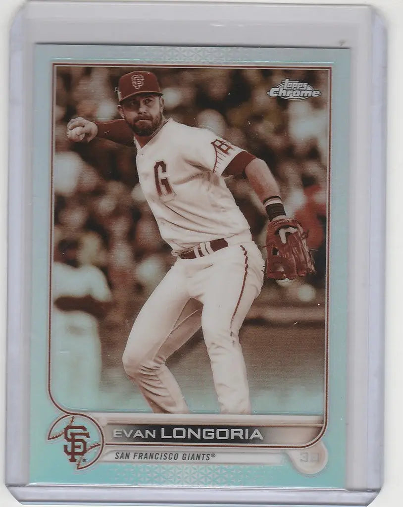 Baseball card of San Francisco Giants Evan Longoria in throwing motion Topps Chrome Sepia