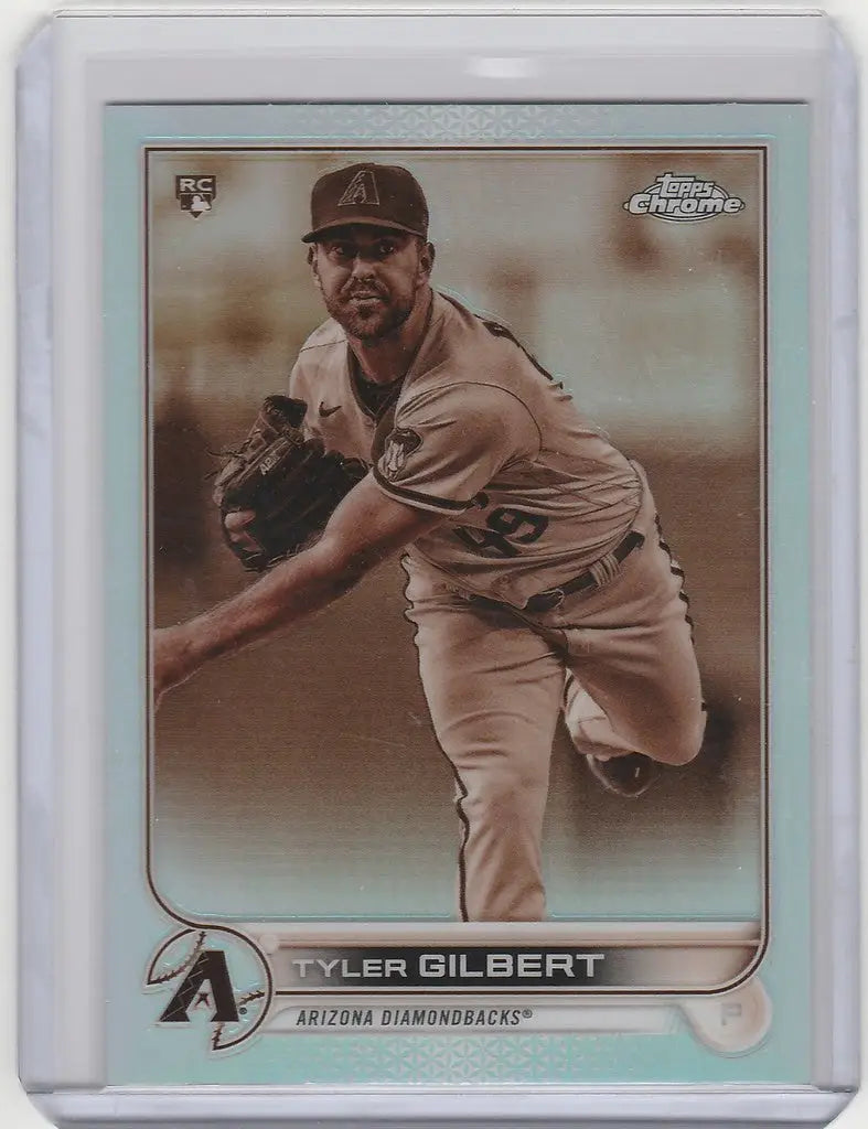 Baseball card of Tyler Gilbert mid-throw, Topps Chrome Sepia #65, Arizona Diamondbacks