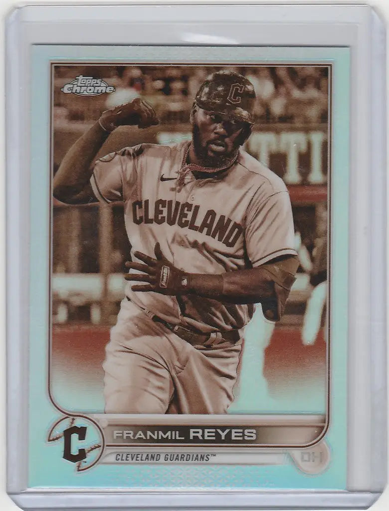 Baseball card of Franmil Reyes in batting pose for Topps Chrome Sepia, Cleveland Guardians