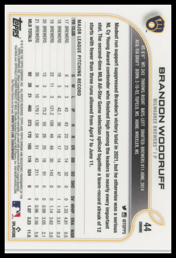 2022 Topps Chrome - Sepia Refractor Brandon Woodruff 44 Milwaukee Brewers NM - Baseball Card Single