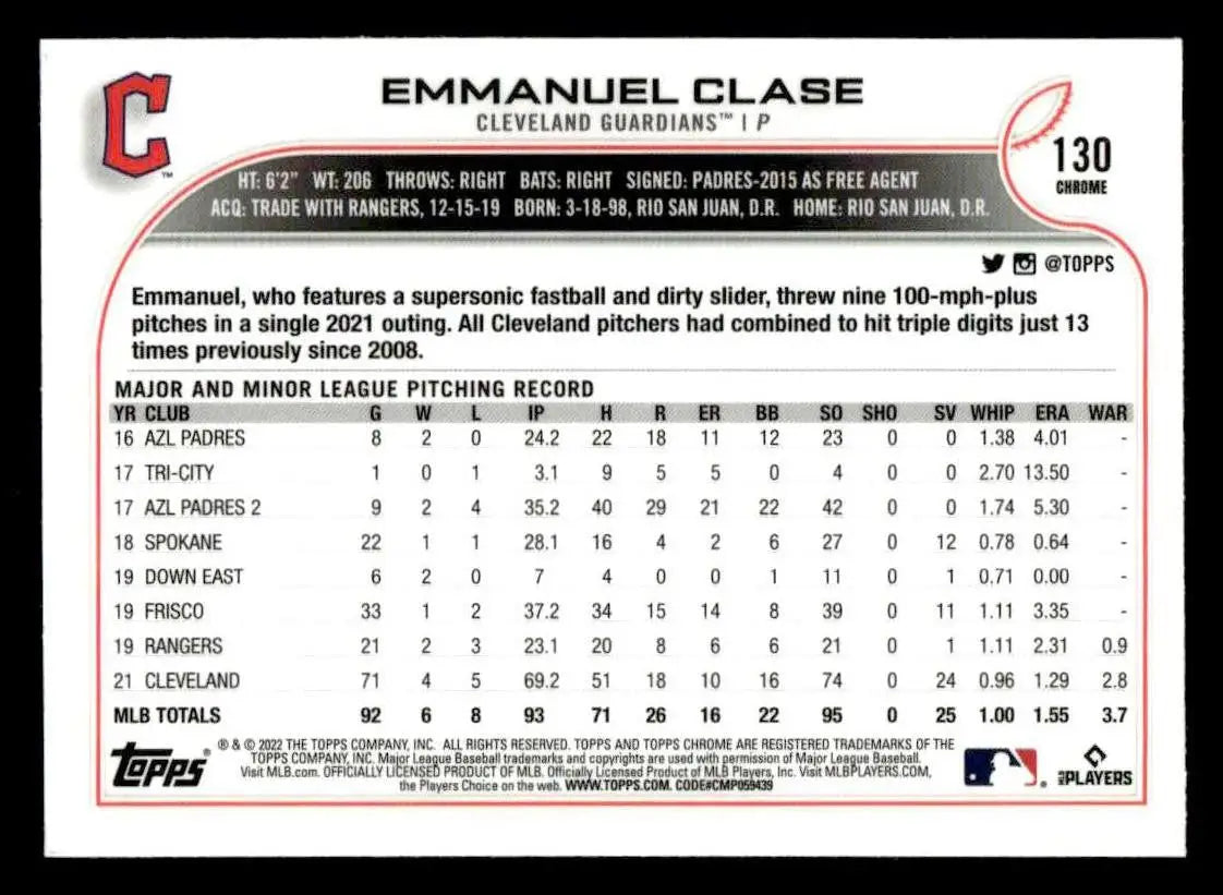 2022 Topps Chrome Sonic #130 Emmanuel Clase - Baseball Card Single
