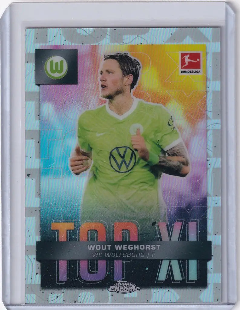 Soccer trading card of Wout Weghorst in green jersey for Topps Chrome VFL Wolfsburg