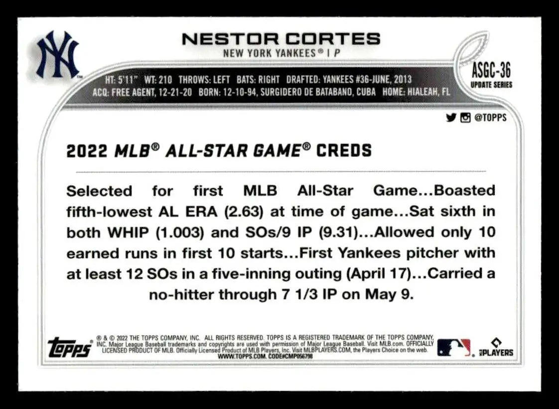 2022 Topps Chrome Update #ASGC-36 Nestor Cortes 2022 All-Star Game Chrome - Baseball Card Single
