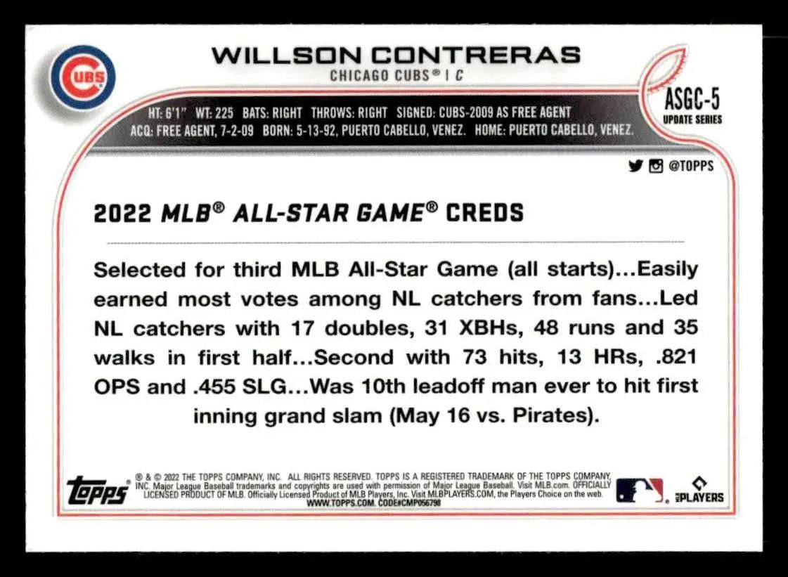 2022 Topps Chrome Update #ASGC-5 Willson Contreras 2022 All-Star Game Chrome - Baseball Card Single