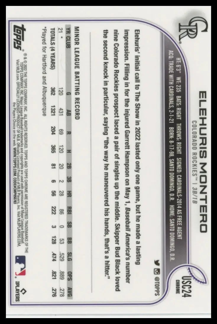 2022 Topps Chrome Update Elehuris Montero RC USC24 Colorado Rockies Baseball NM - Baseball Card Single